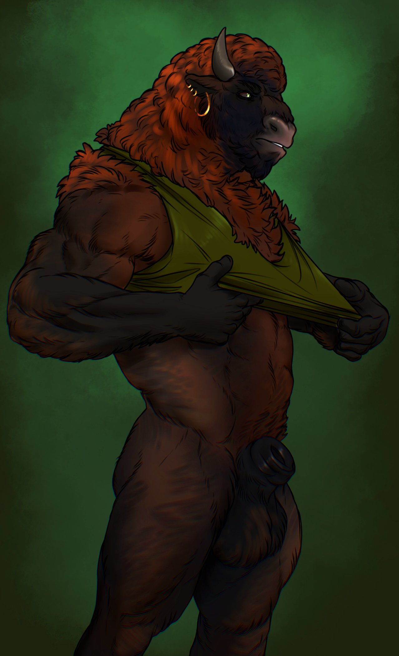 2024 abs animal_genitalia anthro balls biceps bison body_hair bottomless bovid bovine brown_eyes caught_off_guard chest_hair clothed clothing ear_piercing fully_sheathed genitals green_background green_clothing green_shirt green_tank_top green_topwear hairy_balls hi_res horn looking_at_viewer male mammal manly movd muscular muscular_arms navel pecs piercing pubes sheath shirt simple_background solo standing tank_top tank_top_only topwear triceps undressing