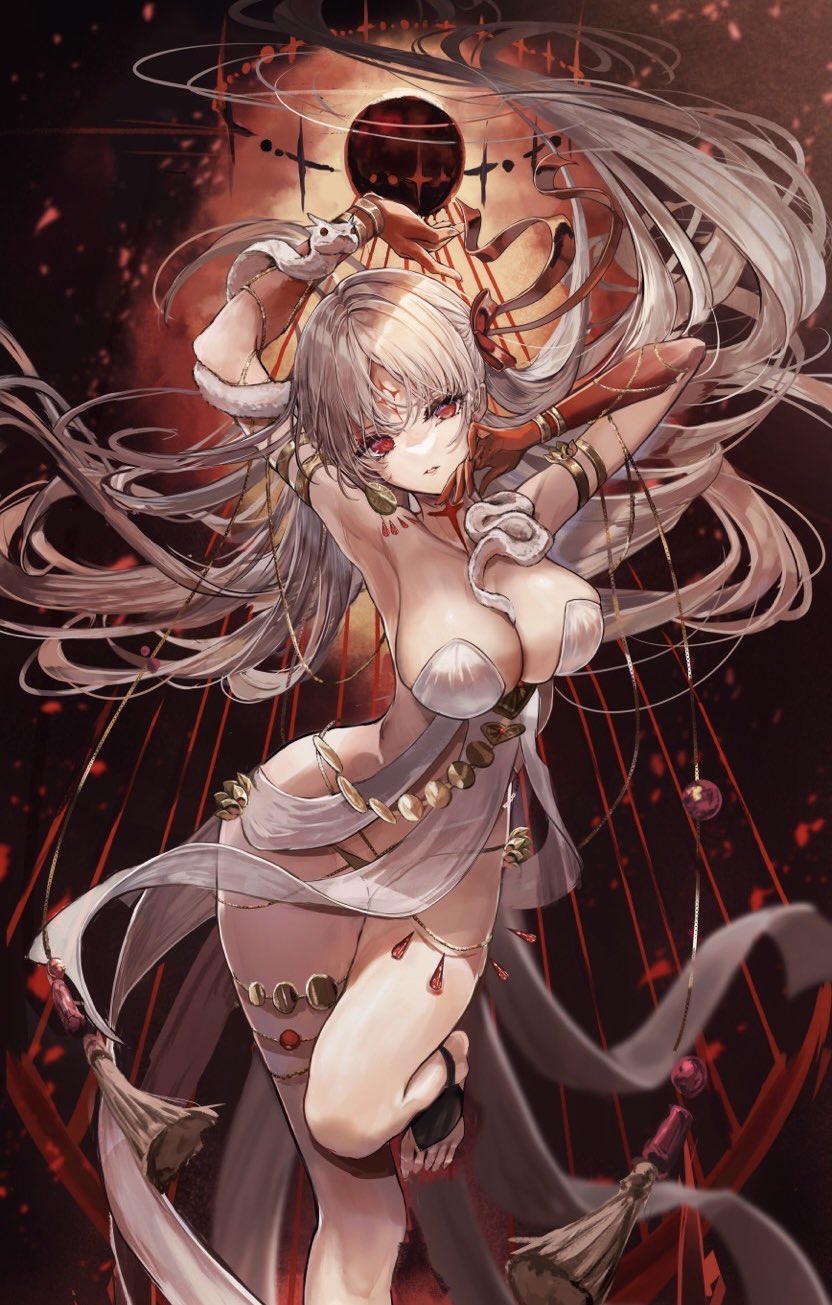 1girl armlet arms_up bare_shoulders belly_chain body_markings bracelet breasts chiachun0621 cleavage collarbone colored_skin dress durga_(fate) earrings facial_mark fate/grand_order fate_(series) forehead_mark gradient_skin grey_hair hair_ribbon highres jewelry large_breasts long_hair looking_at_viewer parted_lips pelvic_curtain red_eyes red_skin revealing_clothes ribbon sash snake solo thighs very_long_hair white_dress