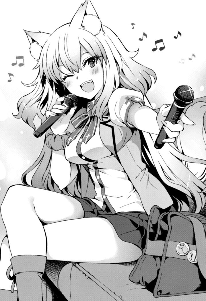 1girl ;d animal_ear_fluff animal_ears bag bow bowtie breasts crossed_legs fate/grand_order fate_(series) hanabana_tsubomi holding holding_microphone homurahara_academy_school_uniform karaoke long_hair looking_at_viewer medium_breasts microphone musical_note one_eye_closed open_clothes open_mouth open_vest school_bag school_uniform short_sleeves simple_background sitting skirt smile solo suzuka_gozen_(fate) teeth upper_teeth_only vest