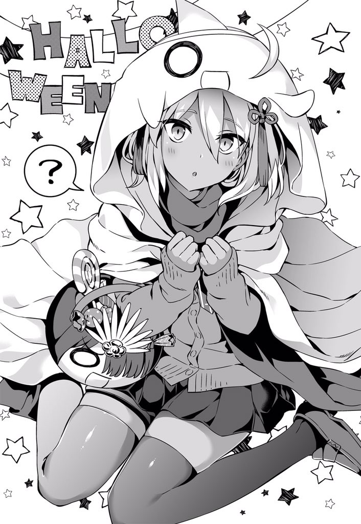 1girl ? blush candy cardigan food full_body greyscale hair_ornament halloween halloween_bucket hanabana_tsubomi loafers lollipop looking_at_viewer monochrome parted_lips scarf school_uniform sheet_ghost shoes short_hair simple_background sitting skirt solo spoken_question_mark star_(symbol) tassel tassel_hair_ornament thighhighs triangular_headpiece wariza