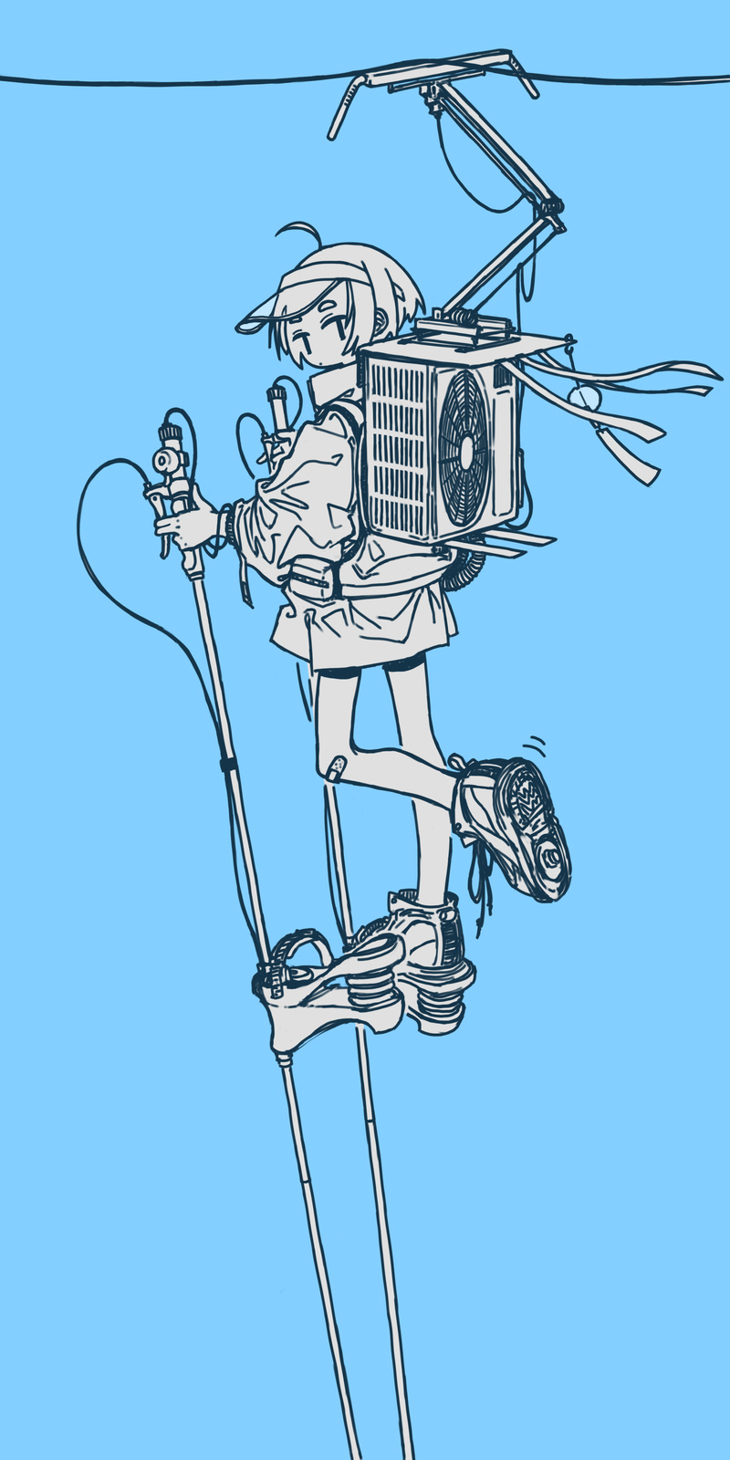 1girl air_conditioner backpack bag bandaid bandaid_on_knee bandaid_on_leg blue_background cable closed_mouth commentary_request dot_mouth expressionless from_behind full_body greyscale_with_colored_background highres jacket long_sleeves looking_back original shoes short_hair simple_background skirt sneakers solo standing standing_on_one_leg stilts streamers thick_eyebrows uewtsol visor_cap wind_chime