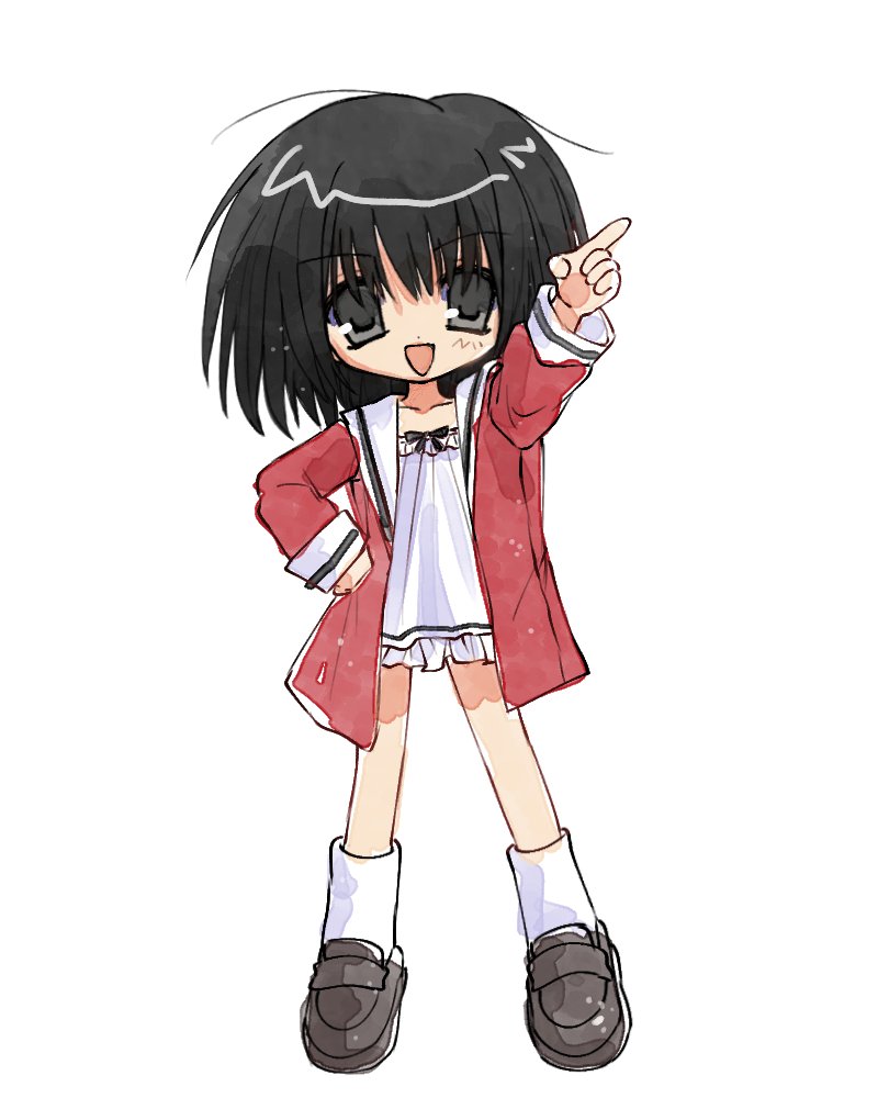 1girl black_eyes black_hair brown_footwear commentary frilled_shirt frills full_body hajang68 hand_on_own_hip hand_up korean_commentary loafers long_sleeves looking_at_viewer medium_hair no_pants open_clothes open_mouth open_shirt original pointing red_shirt sailor_collar sailor_shirt shirt shoes simple_background smile socks solo standing white_background white_sailor_collar white_socks white_undershirt