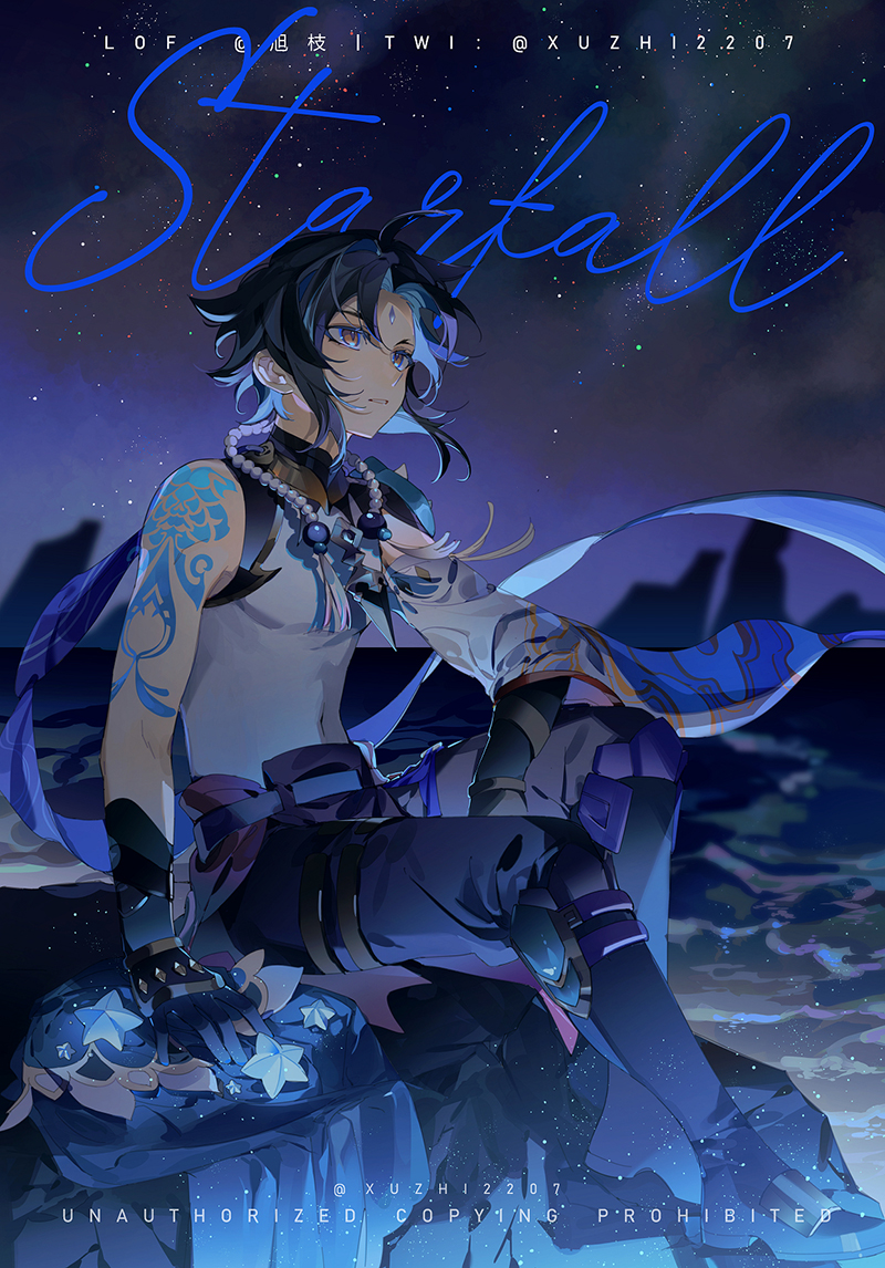 1boy arm_tattoo armor artist_name black_gloves black_hair blue_pants blue_tattoo blue_theme boots cape detached_sleeves english_text genshin_impact gloves jewelry knee_boots lofter_username looking_ahead multicolored_hair necklace night night_sky on_rock outdoors pants parted_lips pauldrons pearl_necklace shirt shoulder_armor shoulder_tattoo single_bare_shoulder single_detached_sleeve single_pauldron sky sleeveless sleeveless_shirt solo star_(sky) starry_sky tattoo twitter_username two-tone_hair white_shirt wide_sleeves xiao_(genshin_impact) xuzhi2204