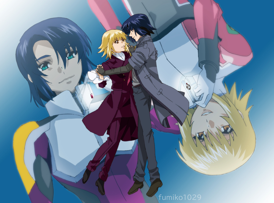 1boy 1girl artist_name athrun_zala black_footwear blonde_hair blue_hair cagalli_yula_athha couple fumiko_(mesushi) green_eyes grey_jacket grey_shirt gundam gundam_seed gundam_seed_freedom holding_hands interlocked_fingers jacket jewelry looking_at_another necklace pant_suit pants pilot_suit red_tie ring rotational_symmetry shirt smile suit yellow_eyes