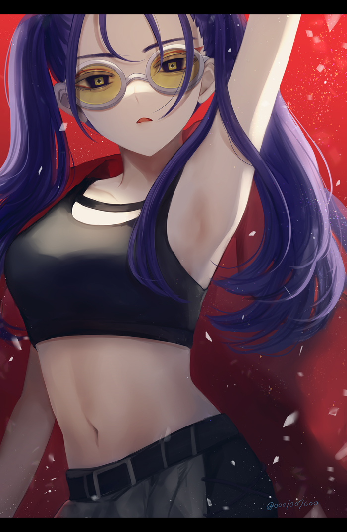 1girl ado_(utaite) arm_up armpits belt black_belt black_tank_top blue_hair breasts cloud_nine_inc collarbone commentary letterboxed long_hair looking_at_viewer medium_breasts navel odo_(song) open_mouth shouzai_(ooo1007ooo) solo stomach sunglasses tank_top tinted_eyewear twintails twitter_username yellow-tinted_eyewear