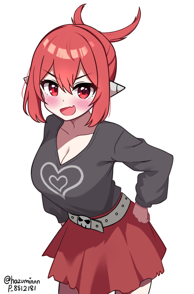 100_percent_orange_juice 1girl belt black_shirt blush breasts cleavage collarbone fang hands_on_own_hips hazuein heart heart_print kae_(orange_juice) large_breasts leaning_forward long_sleeves medium_hair open_mouth red_eyes red_hair red_skirt shirt simple_background skin_fang skirt skull_belt solo suguri white_background white_belt