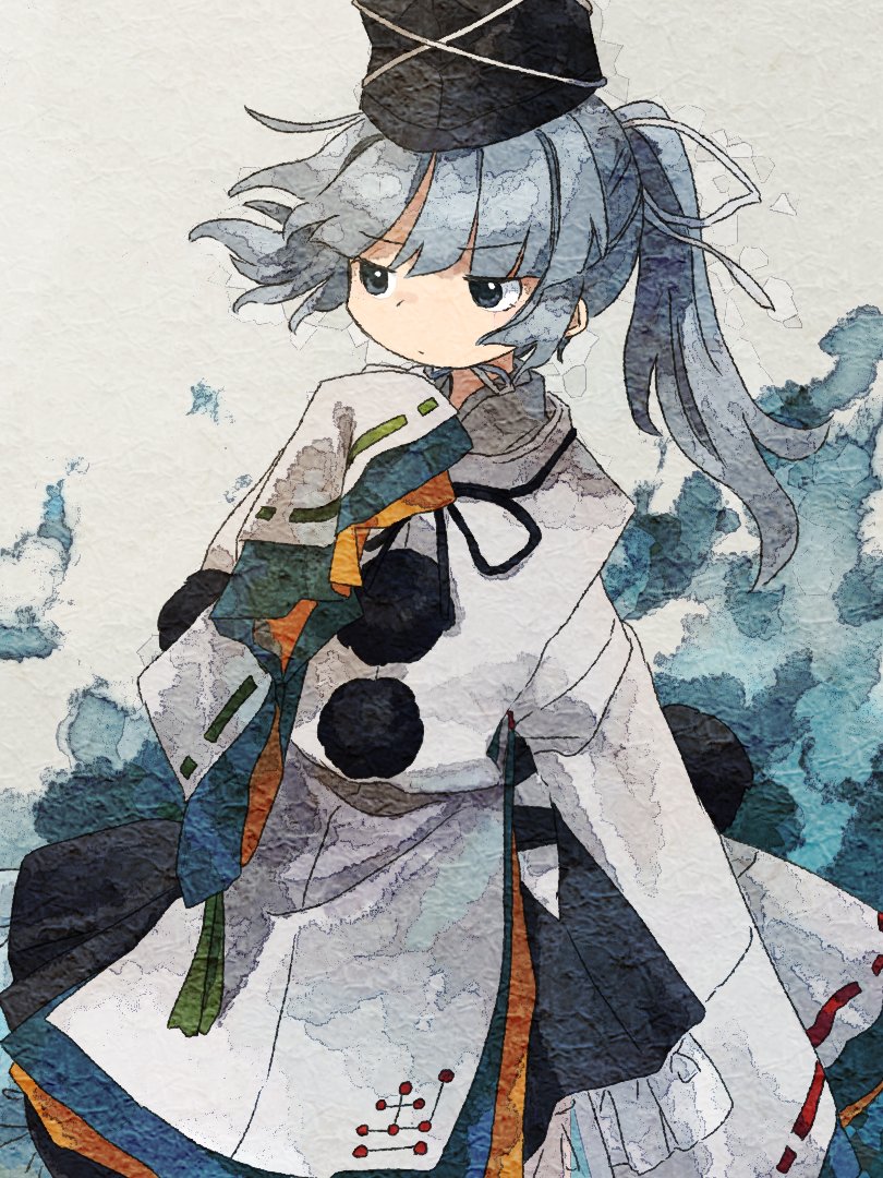 1girl black_headwear blunt_bangs commentary grey_eyes grey_hair hat japanese_clothes kariginu long_hair long_sleeves mononobe_no_futo pom_pom_(clothes) ponytail retrochaossan ribbon-trimmed_sleeves ribbon_trim solo tate_eboshi touhou