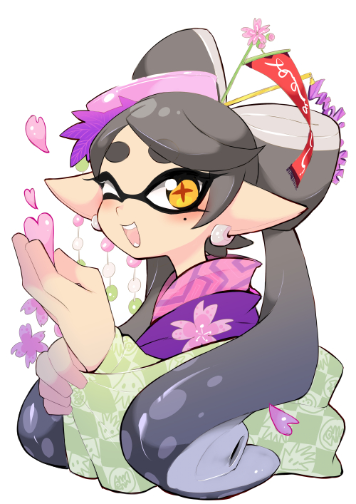 1girl :d black_hair bow-shaped_hair callie_(splatoon) earrings english_commentary flag_hair_ornament flower food food_on_head hair_ornament hair_stick heart hirafumi hoop_earrings inkling jewelry long_hair looking_at_viewer mole mole_under_eye object_on_head one_eye_closed open_mouth pink_flower pointy_ears simple_background smile solo splatoon_(series) star-shaped_pupils star_(symbol) sushi symbol-shaped_pupils teeth tentacle_hair thick_eyebrows upper_body white_background