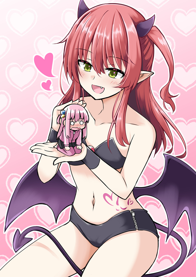 2girls bikini blank_eyes blush bocchi_the_rock! collarbone cube_hair_ornament demon_girl demon_horns demon_tail demon_wings fang gotoh_hitori green_eyes hair_ornament heart heart_tattoo horns ichimi in_palm jacket kita_ikuyo long_hair low_wings mini_person minigirl multiple_girls navel open_mouth petting pink_background pink_hair pointy_ears red_hair simple_background size_difference smile swimsuit tail tattoo track_jacket wings yuri