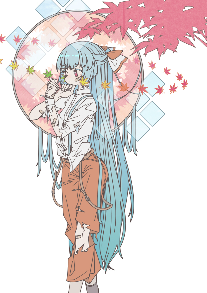 1girl bandaid bandaid_on_arm bandaid_on_cheek bandaid_on_face bandaid_on_hand belt blue_hair bow brown_belt collared_shirt comiket_97 dress_shirt feet_out_of_frame fujiwara_no_mokou gauze_on_neck hair_bow half_updo hand_on_own_chin hands_up leaf long_hair long_sleeves looking_ahead maple_leaf orbited pants red_bow red_eyes red_pants shirt shirt_partially_tucked_in simple_background solo standing suspenders_hanging torn_clothes torn_pants torn_sleeves touhou uewtsol very_long_hair white_background white_bow white_shirt