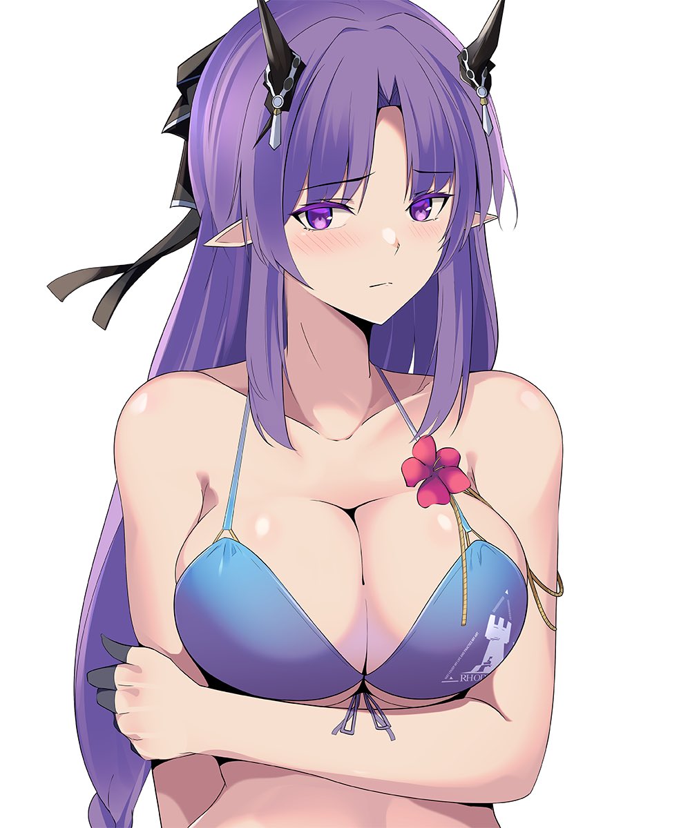 1girl :| arknights arm_under_breasts bikini black_bow blue_bikini blush bow breasts cleavage closed_mouth collarbone edelritter flower front-tie_bikini_top front-tie_top hair_bow hibiscus hibiscus_(arknights) hibiscus_the_purifier_(arknights) highres horns large_breasts long_hair looking_at_viewer parted_bangs pointy_ears purple_eyes purple_hair red_flower sidelocks simple_background solo straight_hair string_bikini swimsuit upper_body white_background