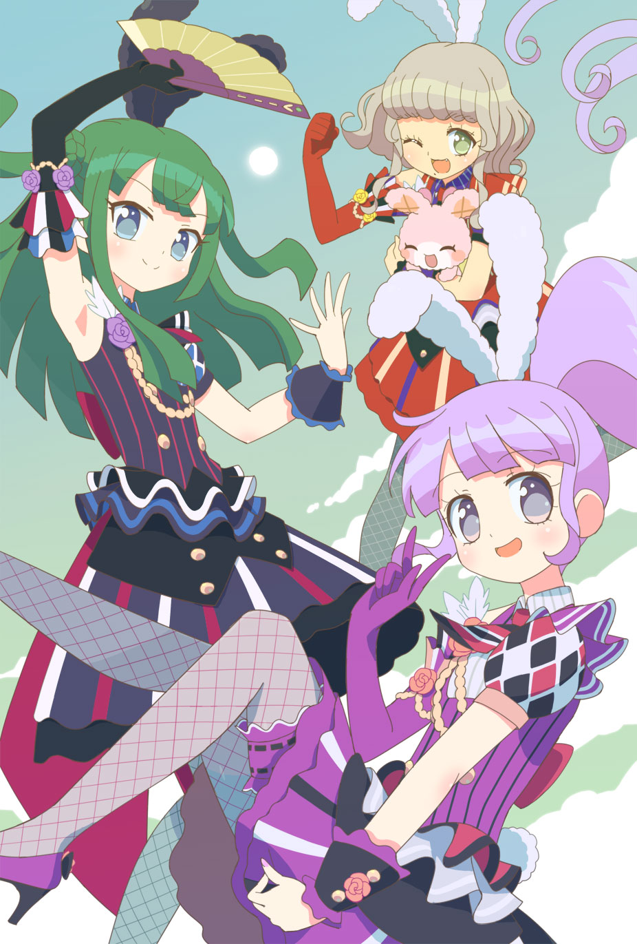 3girls :d aiguillette animal animal_ears arm_up black_dress black_gloves blunt_bangs brown_hair cloud dress elbow_gloves fishnet_pantyhose fishnets folding_fan gloves green_hair green_sky grey_eyes hand_fan hand_up highres holding holding_animal holding_fan idol_clothes ku_(residual666) long_hair looking_at_viewer manaka_non midair mole mole_under_mouth multiple_girls one_eye_closed open_mouth pantyhose pretty_series pripara puffy_short_sleeves puffy_sleeves purple_dress purple_gloves purple_hair rabbit rabbit_ears red_dress red_gloves short_hair short_sleeves side_ponytail single_glove smile taiyo_pepper tsukikawa_chili two_side_up usacha very_long_hair wrist_cuffs