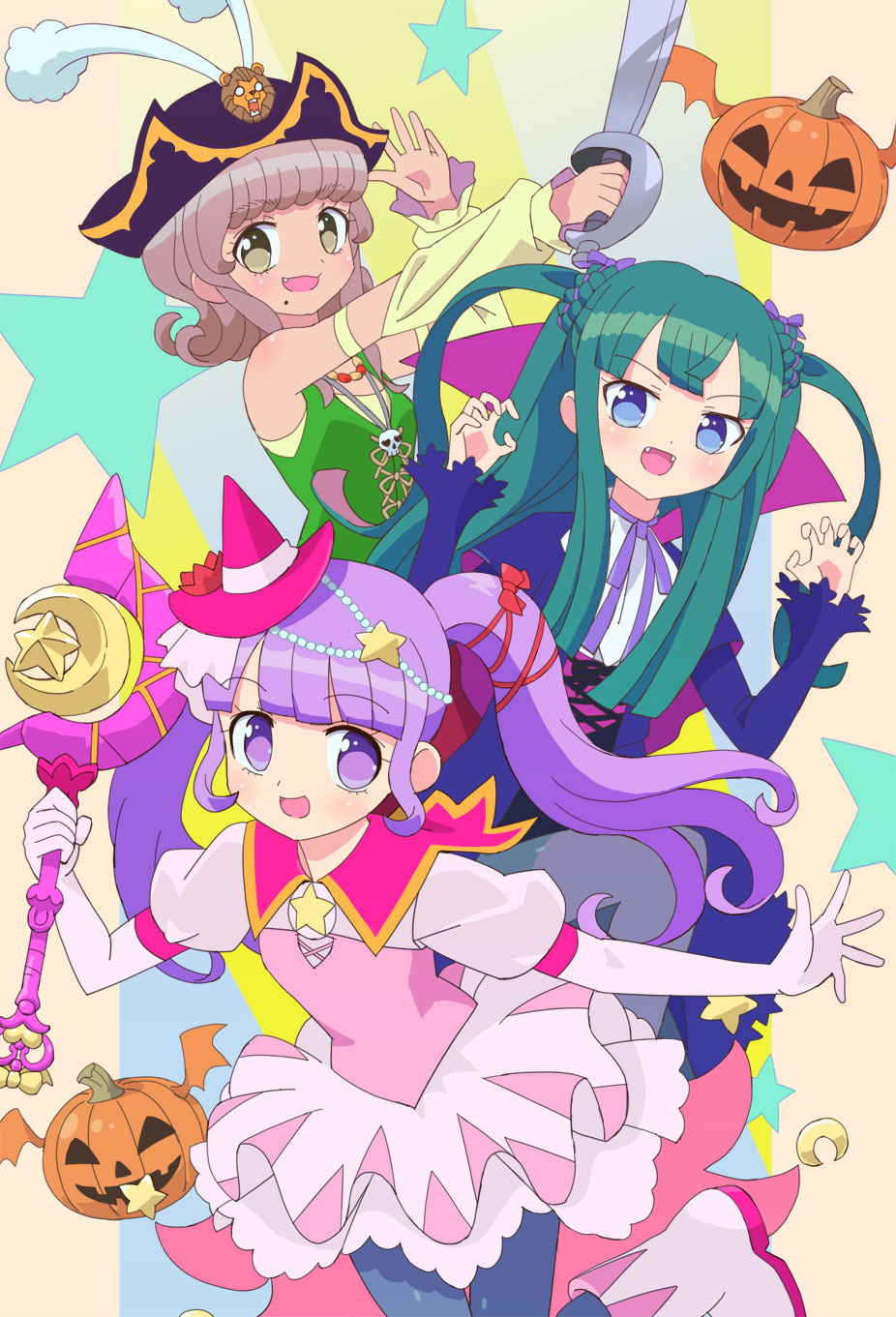 3girls :d blue_eyes blue_jacket blunt_bangs brown_hair claw_pose commentary_request crescent detached_sleeves dress fang green_hair green_shirt halloween_costume hands_up hat highres holding holding_sword holding_wand holding_weapon idol_clothes idol_time_pripara jack-o'-lantern jacket jewelry ku_(residual666) long_hair long_sleeves looking_at_viewer manaka_non mini_hat mini_witch_hat mole mole_under_mouth multiple_girls neck_ribbon necklace open_mouth pink_dress pink_footwear pink_headwear pirate_costume pirate_hat pretty_series pripara pumpkin purple_eyes purple_hair ribbon shirt short_hair short_shorts shorts skull smile standing star_(symbol) sword taiyo_pepper tsukikawa_chili twintails two_side_up vampire_costume wand weapon white_shirt witch witch_hat