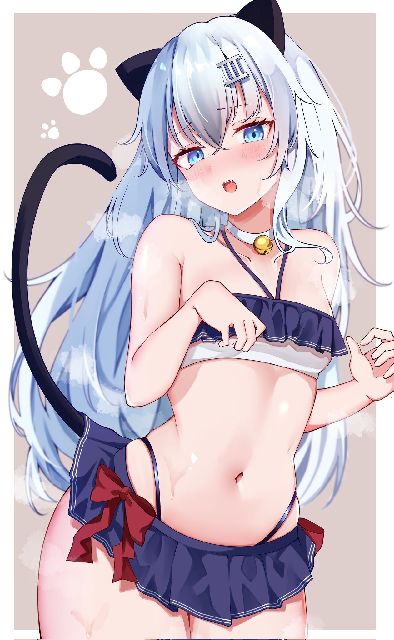 1girl animal_ears bell bikini bikini_skirt blue_bikini blue_eyes calin cat_ears cat_tail collarbone hair_ornament hibiki_(kancolle) highres jingle_bell kantai_collection long_hair navel neck_bell solo swimsuit tail white_hair