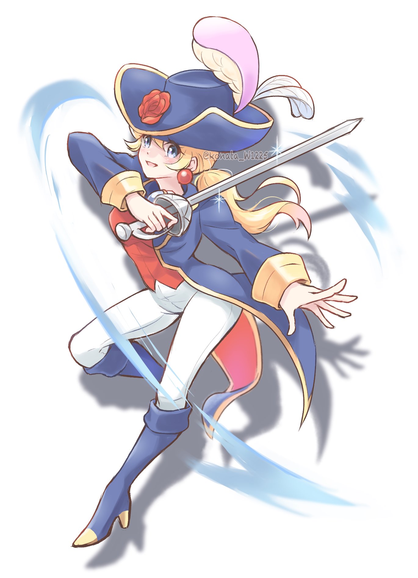 1girl artist_name blonde_hair blue_coat blue_eyes blue_footwear blue_headwear boots cavalier_hat coat earrings flower full_body hat hat_feather hat_flower high_heel_boots high_heels highres holding holding_sword holding_weapon jewelry knee_boots konata_w1225 long_hair looking_at_viewer low_ponytail mario_(series) official_alternate_costume official_alternate_hairstyle open_mouth pants princess_peach princess_peach:_showtime! rapier red_coat red_flower red_rose red_vest rose simple_background solo sphere_earrings sword swordfighter_peach two-sided_coat two-sided_fabric vest weapon white_background white_pants
