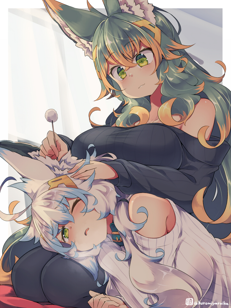 2girls :3 animal_ear_fluff animal_ears bare_shoulders black_sweater black_thighhighs blush breasts collar commentary_request crossed_bangs ear_cleaning green_collar green_eyes green_hair hair_between_eyes kuromiya kuromiya_raika large_breasts multicolored_hair multiple_girls one_eye_closed orange_hair original shiromiya_asuka sitting sweater thighhighs two-tone_hair white_hair white_sweater