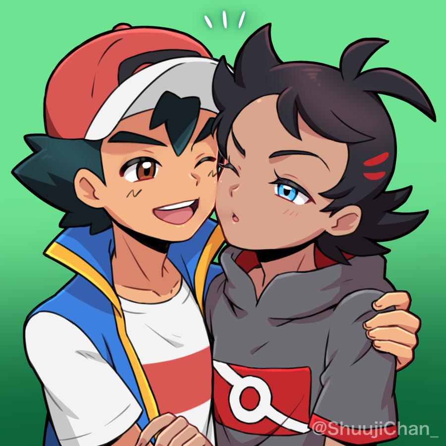 2boys antenna_hair artist_name ash_ketchum black_hair brown_eyes cheek-to-cheek cheek_press cheek_squash closed_eyes commentary english_commentary goh_(pokemon) green_background hand_on_another's_shoulder heads_together jacket male_focus multiple_boys one_eye_closed open_clothes open_jacket open_mouth pokemon pokemon_(anime) pokemon_journeys sara_bon smile teeth yaoi