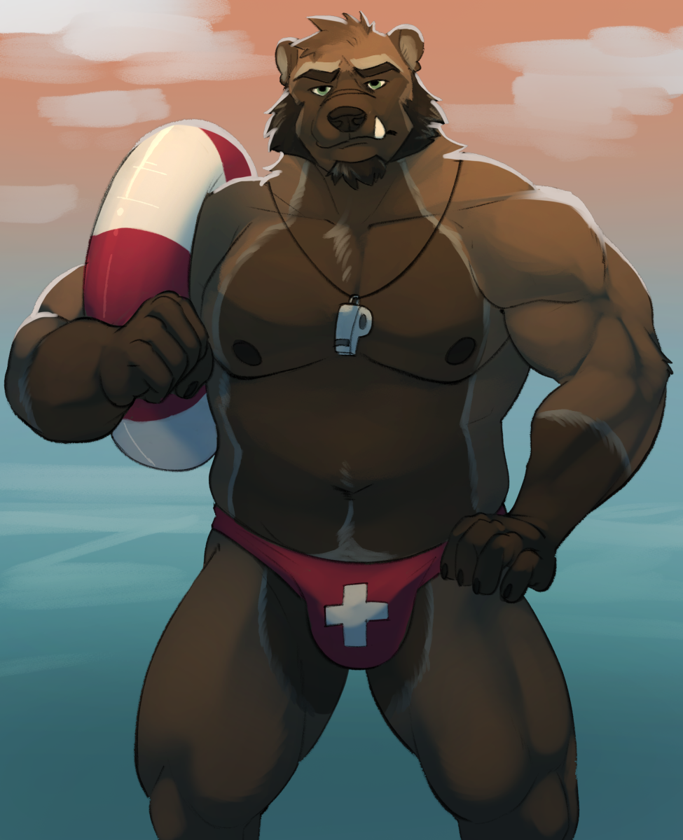 anthro barazoku beard brown_body brown_eyebrows brown_fur brown_hair brown_nipples brown_nose bulge cloud deadlaws eyebrows facial_hair fist fur gloves_(marking) gnollplaying_games green_eyes grumpy gulonine hair hand_on_hip hand_on_own_hip hi_res holding_object horrorbuns life_preserver lifeguard lifeguard_swimsuit looking_at_viewer lynn_grayson_(deadlaws) male mammal markings mostly_nude mostly_nude_anthro mostly_nude_male musclegut muscular muscular_anthro muscular_male mustelid musteline mutton_chops nipples snaggle_tooth solo swimwear_only tan_body tan_fur tan_inner_ear thick_eyebrows water whistle_(object) wolverine
