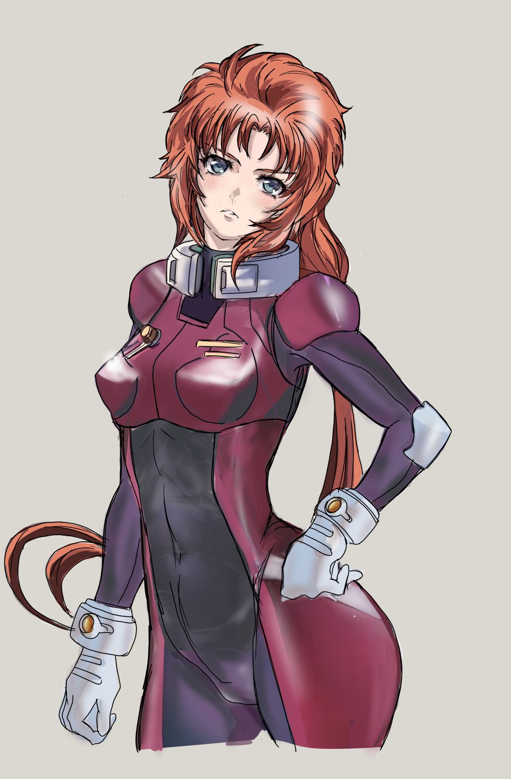 1girl artist_request blue_eyes bodysuit gundam gundam_unicorn highres long_hair looking_at_viewer marida_cruz military_uniform orange_hair pilot_suit science_fiction solo uniform