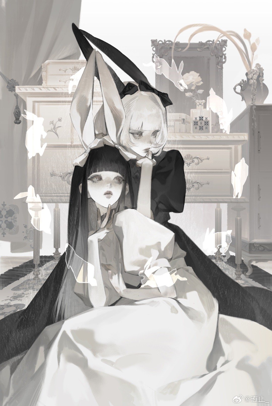 2girls animal_ears black_dress black_hair blunt_bangs bow candle candlestand chest_of_drawers chinese_commentary curtains drawer dress eyelashes fake_animal_ears flower greyscale hair_bow highres hime_cut indoors juliet_sleeves long_hair long_sleeves looking_at_another mirror monochrome multiple_girls on_floor open_mouth original pale_skin parted_lips picture_frame puffy_short_sleeves puffy_sleeves rabbit rabbit_ears rose short_sleeves sitting straight_hair vase weibo_logo weibo_username white_dress white_flower white_hair white_rose white_theme youzhi