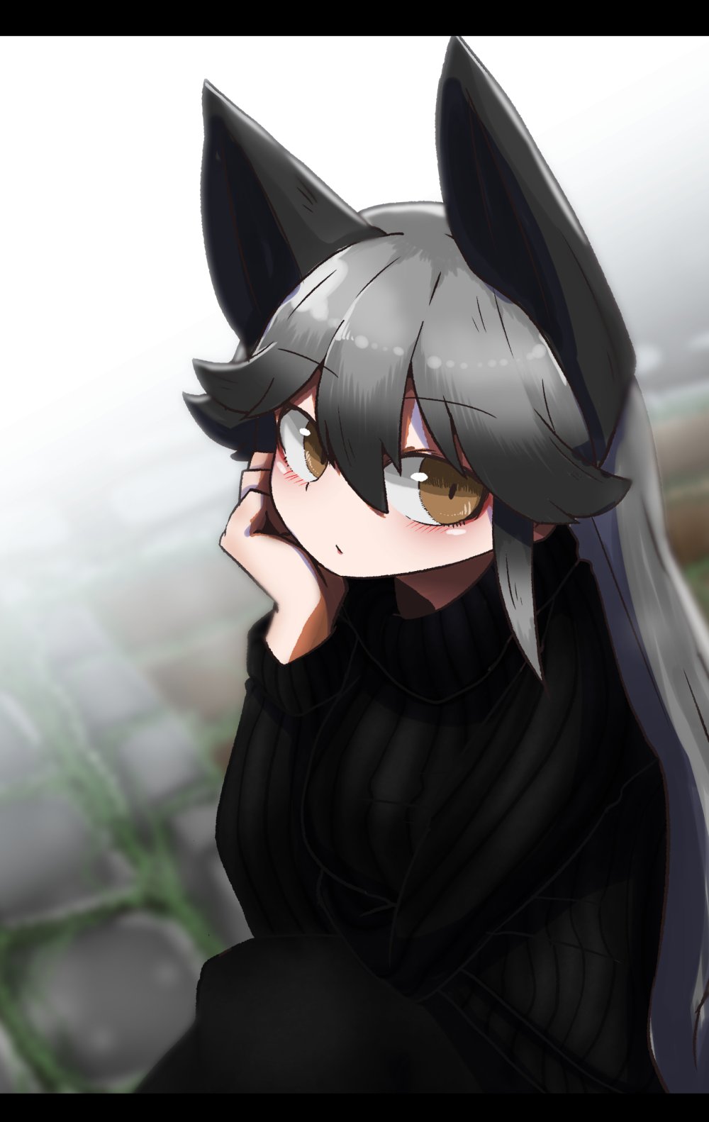 1girl animal_ears black_pantyhose black_skirt black_sweater brown_eyes extra_ears fox_ears fox_girl grey_hair highres kemono_friends long_hair looking_at_viewer onaji_(sokudo_seigen) outdoors pantyhose silver_fox_(kemono_friends) simple_background skirt solo sweater