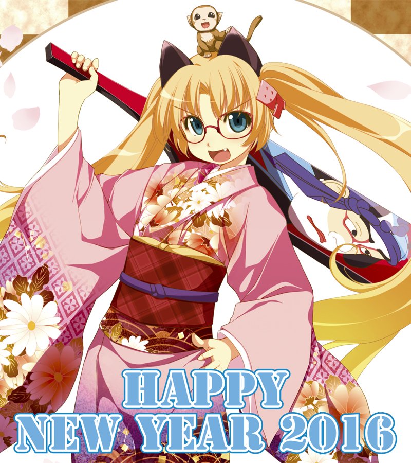 1girl 2016 animal_ears atelier-moo blonde_hair cat_ears curtained_hair floral_print_kimono furisode glasses green_eyes hagoita happy_new_year holding japanese_clothes kimono long_hair looking_at_viewer machida_madoka machidake narrow_waist new_year obi open_mouth paddle pink_kimono red-framed_eyewear sash skinny smile solo standing twintails very_long_hair