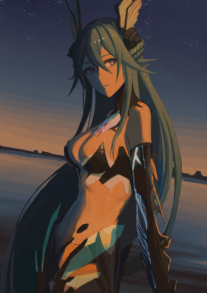 1girl adhesive_bra aqua_hair black_bra black_collar bra braid breasts collar crossed_bangs detached_collar english_commentary fins french_braid hair_between_eyes head_fins high_collar lamia_(punishing:_gray_raven) large_breasts long_hair mechanical_arms mermaid monster_girl navel punishing:_gray_raven purple_eyes shell_hair_ornament sidelocks solo underwear very_long_hair zilia