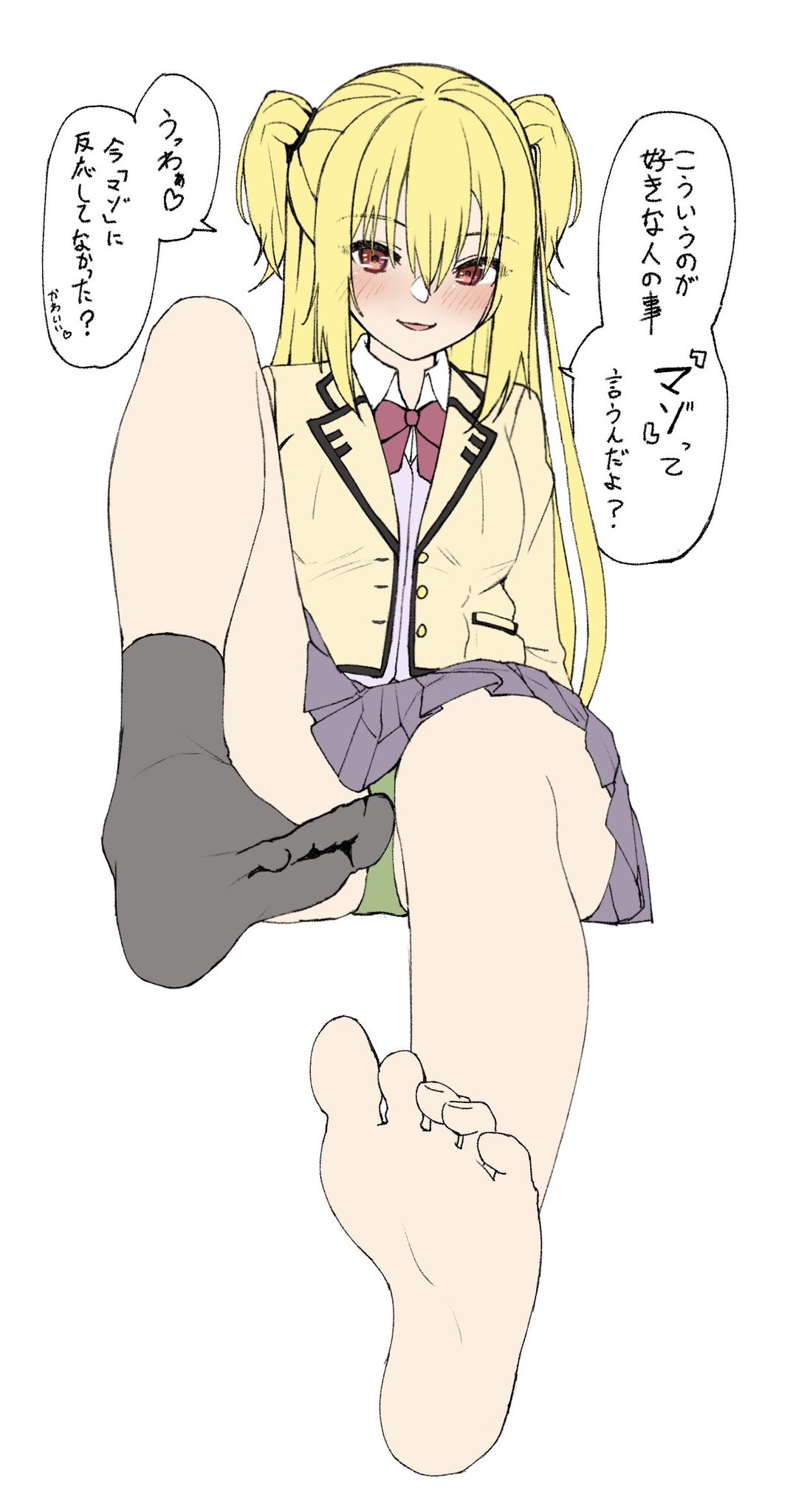 1girl arihara_nanami arms_at_sides barefoot black_socks blonde_hair blush bow bowtie collared_shirt commentary_request feet foot_focus foreshortening full_body green_panties grey_skirt hair_between_eyes heart highres jacket knee_up legs long_hair long_sleeves looking_at_viewer mesugaki miniskirt no_shoes open_mouth panties pleated_skirt red_bow red_bowtie red_eyes riddle_joker school_uniform seductive_smile shirt simple_background single_sock sitting skirt smile socks soles solo speech_bubble straight_hair tft_(tft7822) toes translation_request tsurime two_side_up underwear very_long_hair white_background white_shirt yellow_jacket