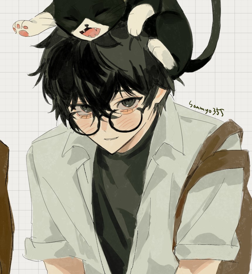 1boy :d amamiya_ren animal_on_head artist_name bag black-framed_eyewear black_eyes black_hair blush cat cat_on_head collared_shirt glasses grid_background grin hair_between_eyes long_sleeves looking_at_viewer male_focus on_head open_clothes open_mouth open_shirt persona persona_5 saamyo355 shirt short_hair sidelocks simple_background sleeves_rolled_up smile solo teeth tote_bag upper_body white_background white_shirt