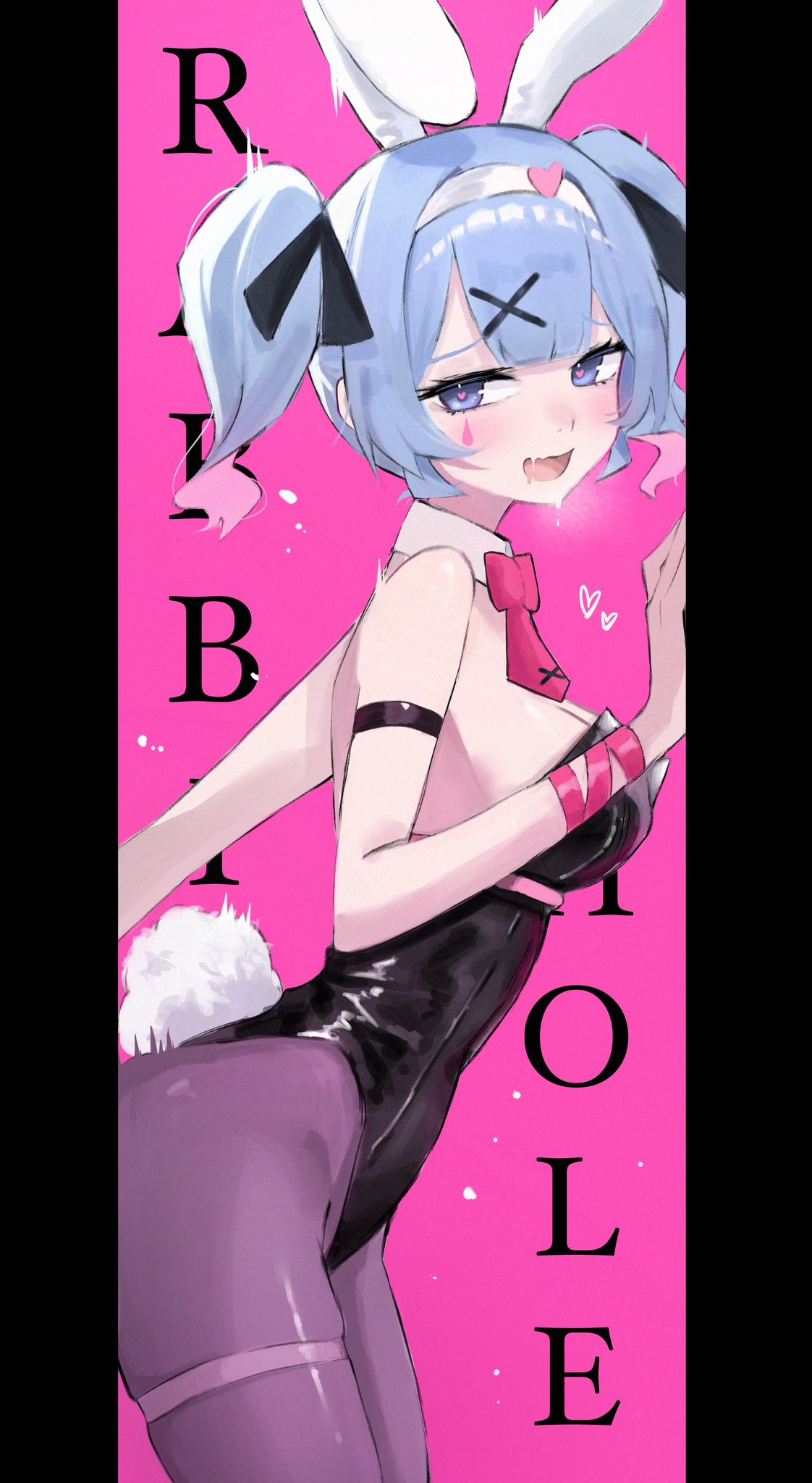 1girl :d animal_ears bare_shoulders black_leotard black_pantyhose black_ribbon blue_hair blush bow bowtie breasts channyy19 detached_collar fake_animal_ears fake_tail from_side hair_ornament hair_ribbon hairband hatsune_miku highleg highleg_leotard highres large_breasts leotard looking_at_viewer open_mouth pantyhose pillarboxed pink_background rabbit_ears rabbit_hole_(vocaloid) rabbit_tail red_bow red_bowtie ribbon sexually_suggestive short_hair short_twintails sideboob sidelocks simple_background smile solo tail teardrop_facial_mark thigh_strap twintails vocaloid white_hairband x_hair_ornament