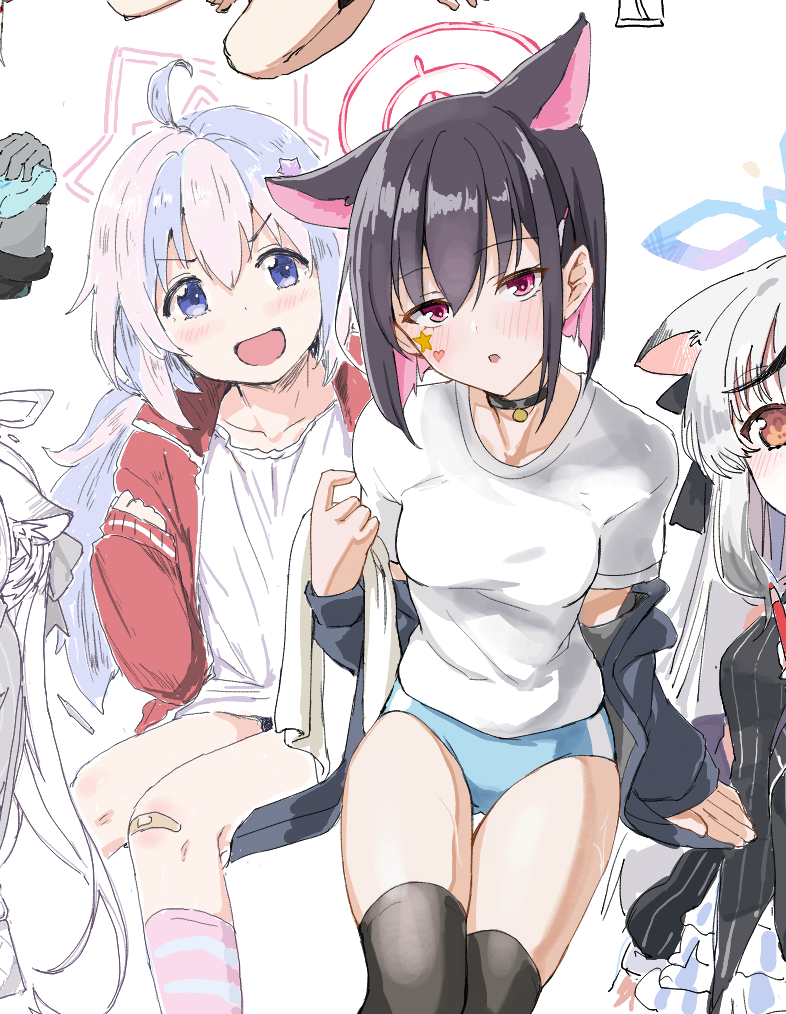 3girls ahoge alternate_costume animal_ears black_hair black_jacket black_thighhighs blue_archive blue_buruma blue_hair blue_halo buruma cat_ears chestnut_mouth china_dress chinese_clothes colored_inner_hair dress extra_ears flame_tsukushi grey_hair hair_ornament halo jacket kazusa_(blue_archive) kokona_(blue_archive) light_blue_hair long_sleeves looking_at_viewer multicolored_hair multiple_girls open_mouth out_of_frame pink_hair pink_halo purple_eyes red_eyes reisa_(blue_archive) shirt short_hair smile star_(symbol) star_hair_ornament star_halo star_sticker sticker_on_face streaked_hair striped_clothes striped_dress thighhighs tiger_ears tiger_girl twintails two-tone_hair vertical-striped_clothes vertical-striped_dress white_shirt