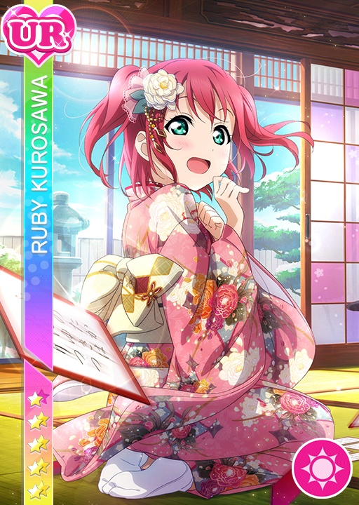 blush cards character_name green_eyes kimono kurosawa_ruby love_live!_school_idol_festival love_live!_sunshine!! pink_hair short_hair smile twintails