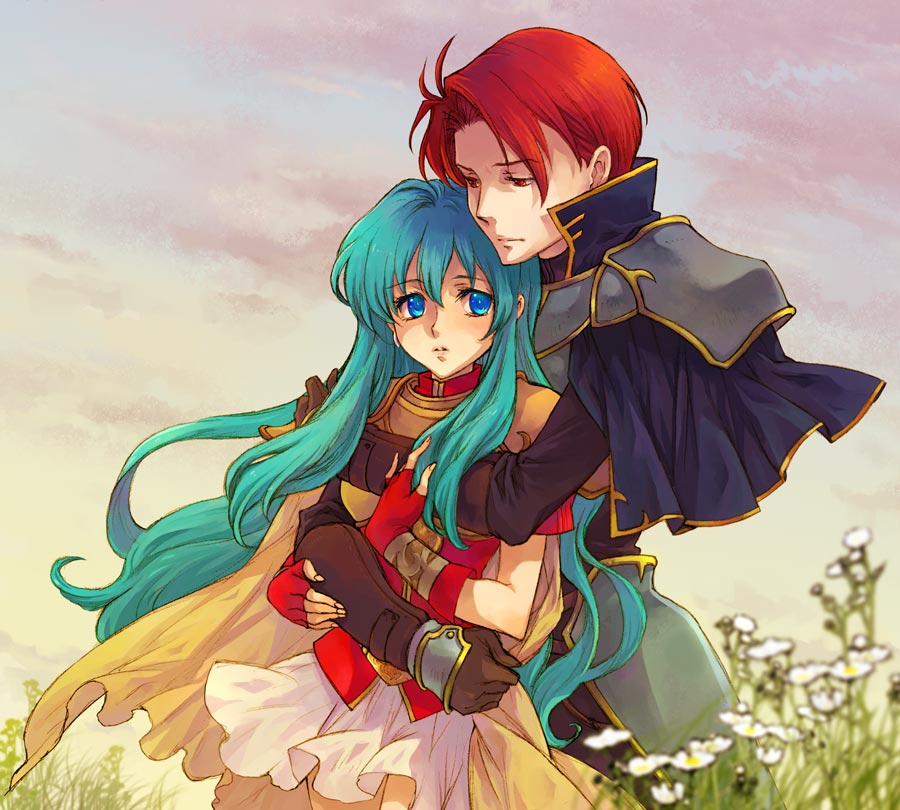 1girl aqua_hair armor blue_eyes cape cloud couple eirika fire_emblem fire_emblem:_seima_no_kouseki flower hand_on_another's_arm hetero hug hug_from_behind knight lips long_hair red_eyes red_hair saikachi_(ogre_tree) seth_(fire_emblem) short_hair sidelocks skirt sky very_long_hair white_skirt yellow_cape