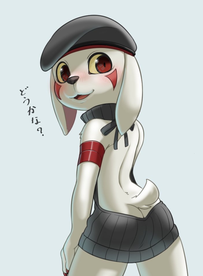 ass_cleavage beret blush hat japanese_text lagomorph looking_at_viewer looking_back male mammal pinup pose rabbit rear_view smile solo standing text theyamori young