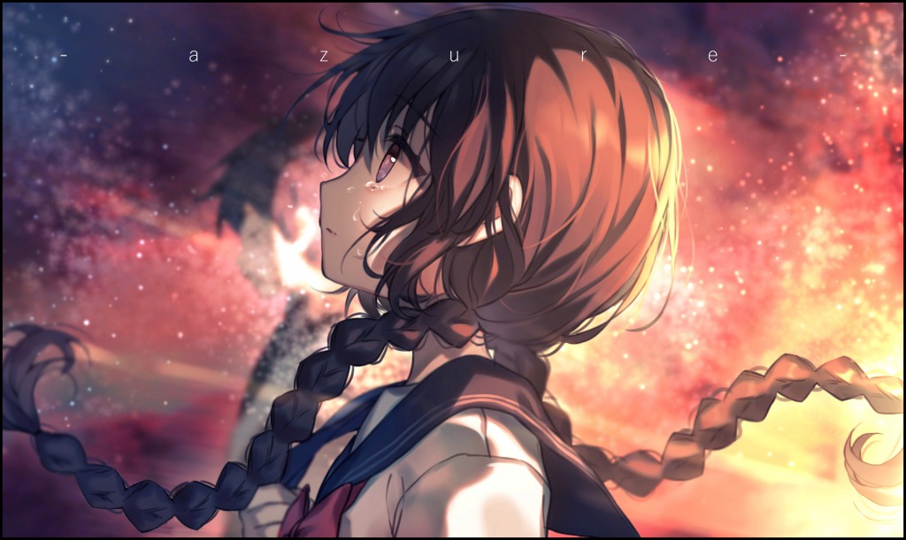 1girl backlighting bangs black_border blurry border bow bowtie braid brown_hair commentary_request crying crying_with_eyes_open depth_of_field flat_chest floating_hair from_side light_particles long_hair looking_away original parted_lips profile red_bow red_neckwear school_uniform serafuku solo_focus sunset tears twin_braids twintails upper_body vocaloid yasiromann