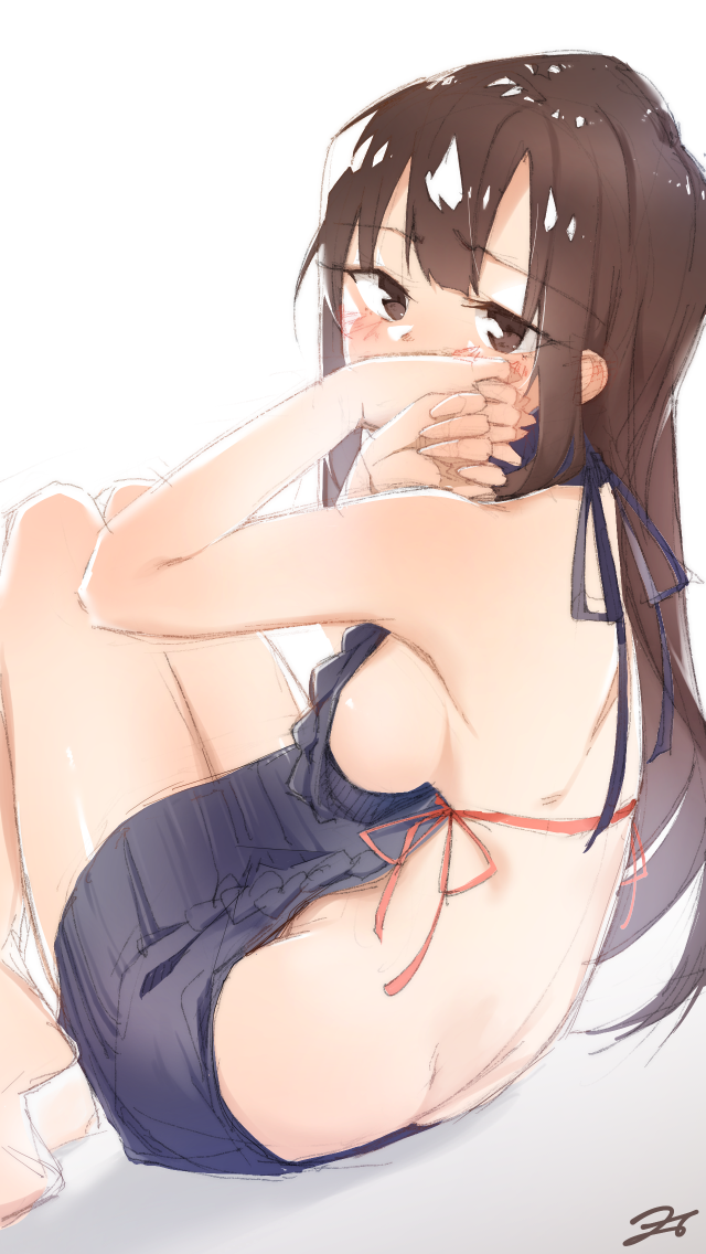 back backless_dress backless_outfit bangs bare_back bare_shoulders barefoot black_dress blush breasts brown_eyes brown_hair butt_crack dress eyebrows_visible_through_hair from_behind halterneck hand_to_own_mouth hands_on_own_cheeks hands_on_own_face hands_up idolmaster idolmaster_cinderella_girls knees_up long_hair looking_at_viewer looking_back medium_breasts meme_attire mizumoto_yukari naked_sweater no_bra no_panties red_ribbon ribbed_sweater ribbon sideboob signature sitting sketch solo sweater sweater_dress turtleneck turtleneck_sweater virgin_killer_sweater yomio
