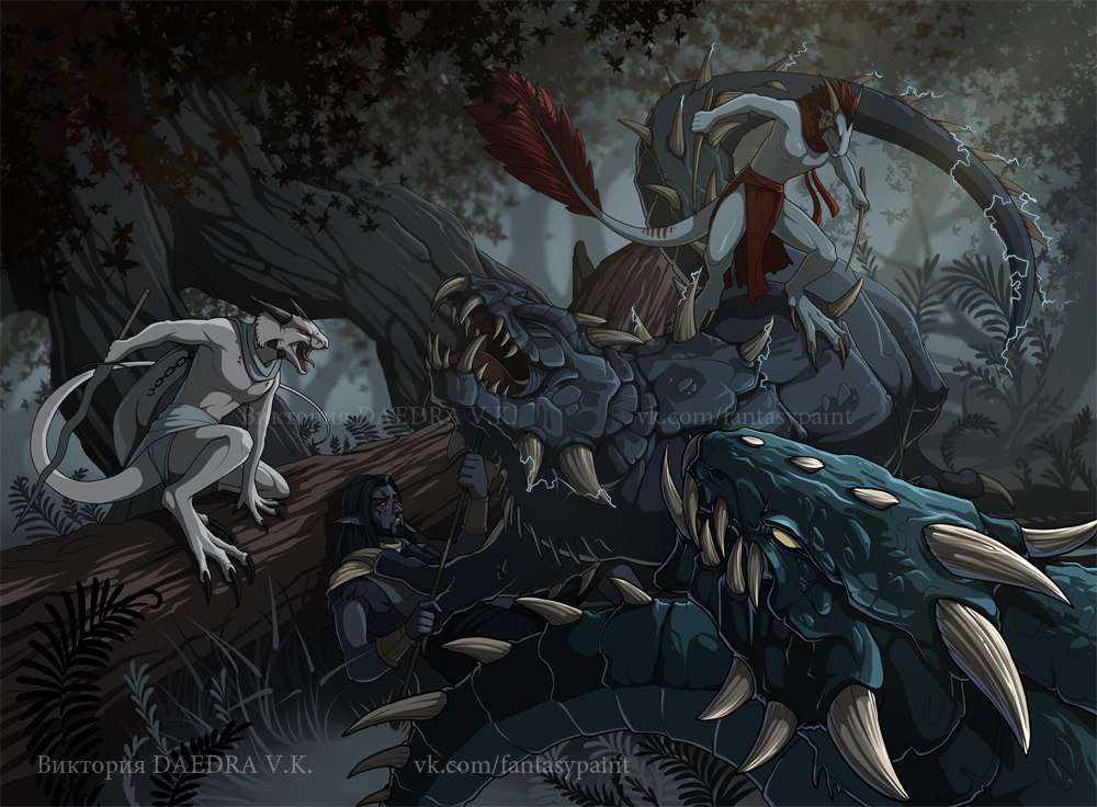 2017 anthro argonian battle black_hair black_scales black_skin blue_scales cape chain claws clothed clothing digital_media_(artwork) elf feathers fern group hair helberd humanoid loincloth long_hair lying male melee_weapon monster on_back open_mouth outside pointy_teeth red_feathers red_skin robe scales scalie size_difference spikes sword teeth the_elder_scrolls tongue topless torn_clothing tree url victoriadaedra video_games watermark weapon white_eyes white_skin