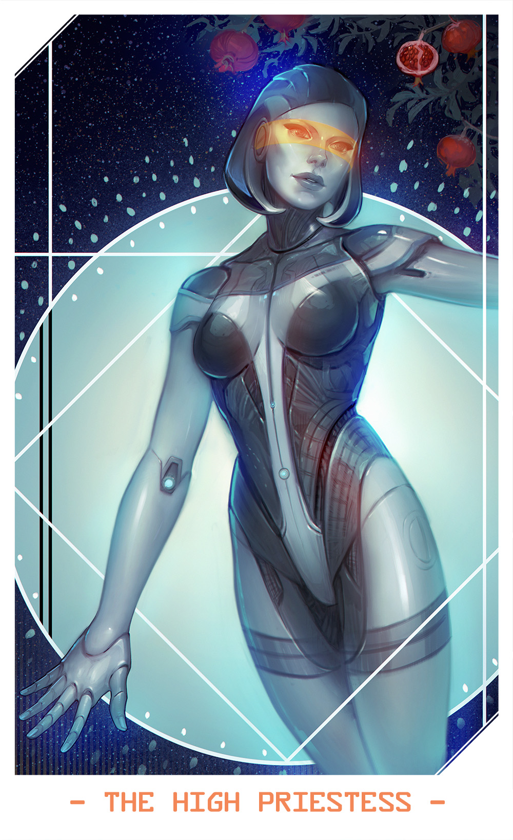 abstract_background alteya android breasts card edi_(mass_effect) female food fruit hair humanoid machine mass_effect not_furry nude pomegranate robot silver_body silver_hair solo tarot_card video_games visor