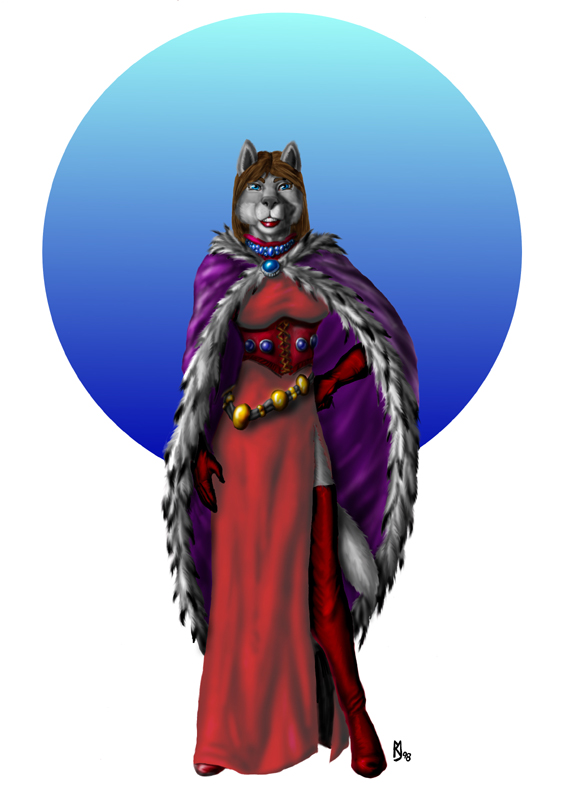 1998 belt blue_eyes boots canine cape clothed clothing dress fantasy female footwear girdle gloves hair jewelry legwear looking_at_viewer mammal medieval necklace red_lips robe simple_background solo sudonym thigh_high_boots wolf