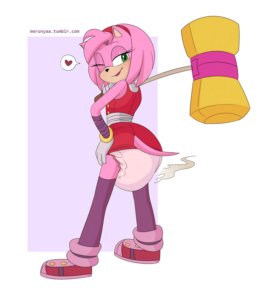 &lt;3 amy_rose clothed clothing diaper feces female fur green_eyes hammer hand_on_hip hedgehog lipstick makeup mammal merunyaa messy_diaper one_eye_closed pink_fur scat soiling sonic_(series) stink_lines tools wink