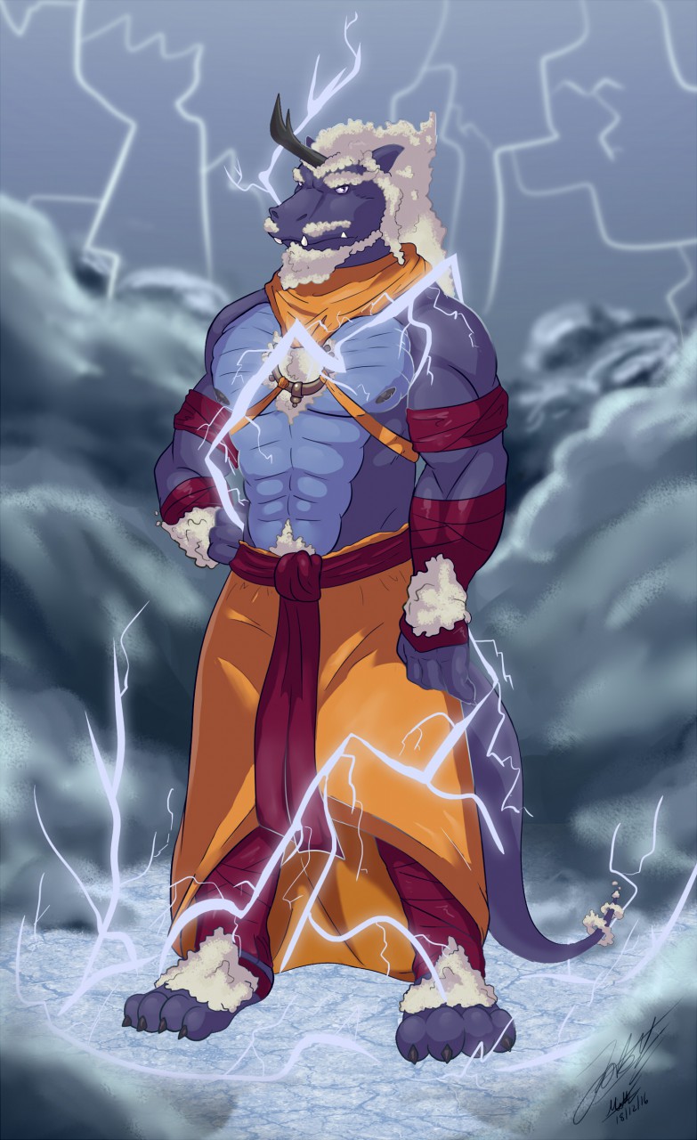 aged_up anthro beard biceps cirrus cirrus_(leviathancyrus) claws cloud dragon facial_hair horn lightning male mature miguel_okami muscular mustache nipples one_horn pecs purple_body purple_eyes solo tuft