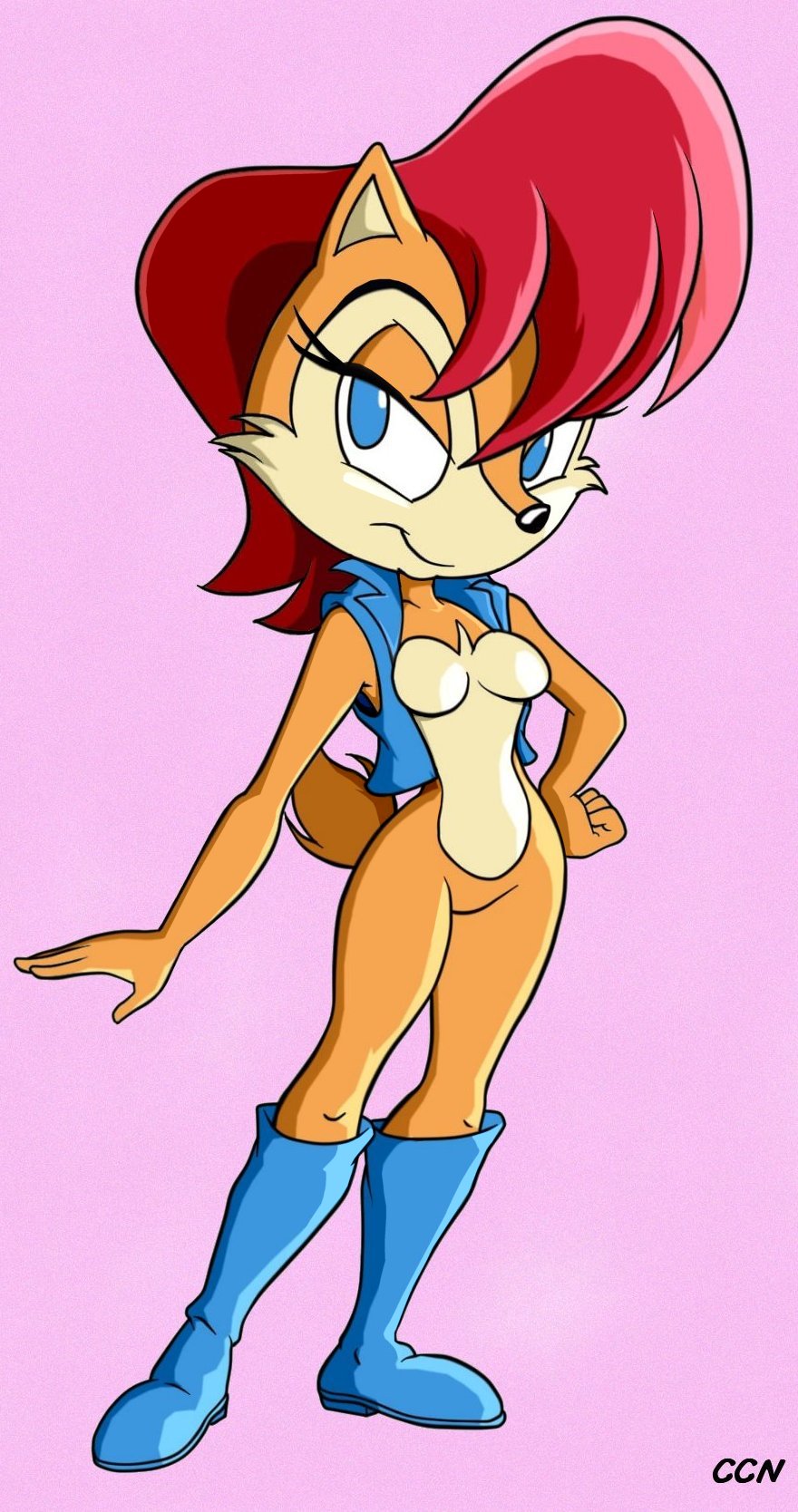 anthro blue_eyes boots brown_fur chadthecartoonnut chipmunk clothing female footwear fur hair looking_at_viewer mammal red_hair rodent sally_acorn simple_background smile solo sonic_(series) vest