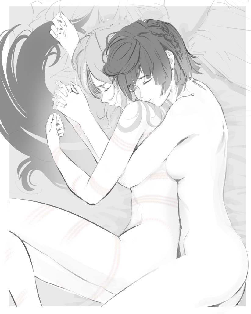 2girls braid breasts closed_eyes closed_mouth completely_nude cuddling from_above genshin_impact greyscale holding_hands interlocked_fingers ker0nit0 long_hair lying medium_breasts monochrome multiple_girls nude on_bed on_side pillow rope_marks shenhe_(genshin_impact) short_hair side_braid sleeping yelan_(genshin_impact) yuri