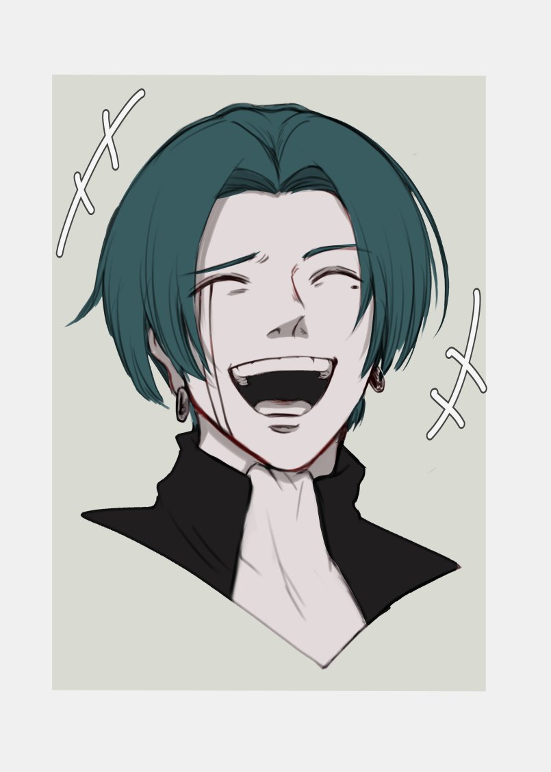 1boy character_request charles_contini closed_eyes cropped_shoulders earrings facial_mark green_hair jewelry laughing mashle mole mole_under_eye nadachimachi_(user_nven5788) open_mouth solo teeth upper_teeth_only