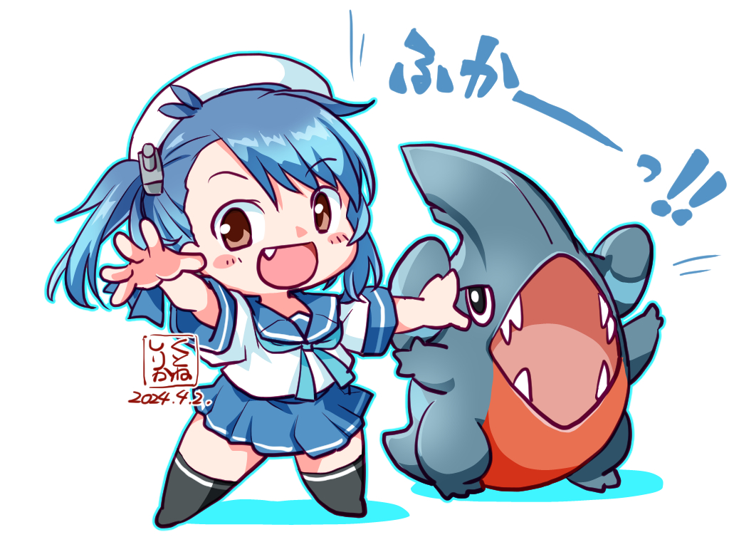 1girl aqua_neckerchief artist_logo black_socks blue_hair blue_neckerchief blue_sailor_collar blue_skirt brown_eyes character_request crossover dated fukae_(kancolle) hat kantai_collection kutone_shirika neckerchief pleated_skirt pokemon_(creature) sailor_collar sailor_hat school_uniform serafuku short_hair side_ponytail simple_background skirt smile socks standing white_background white_hat