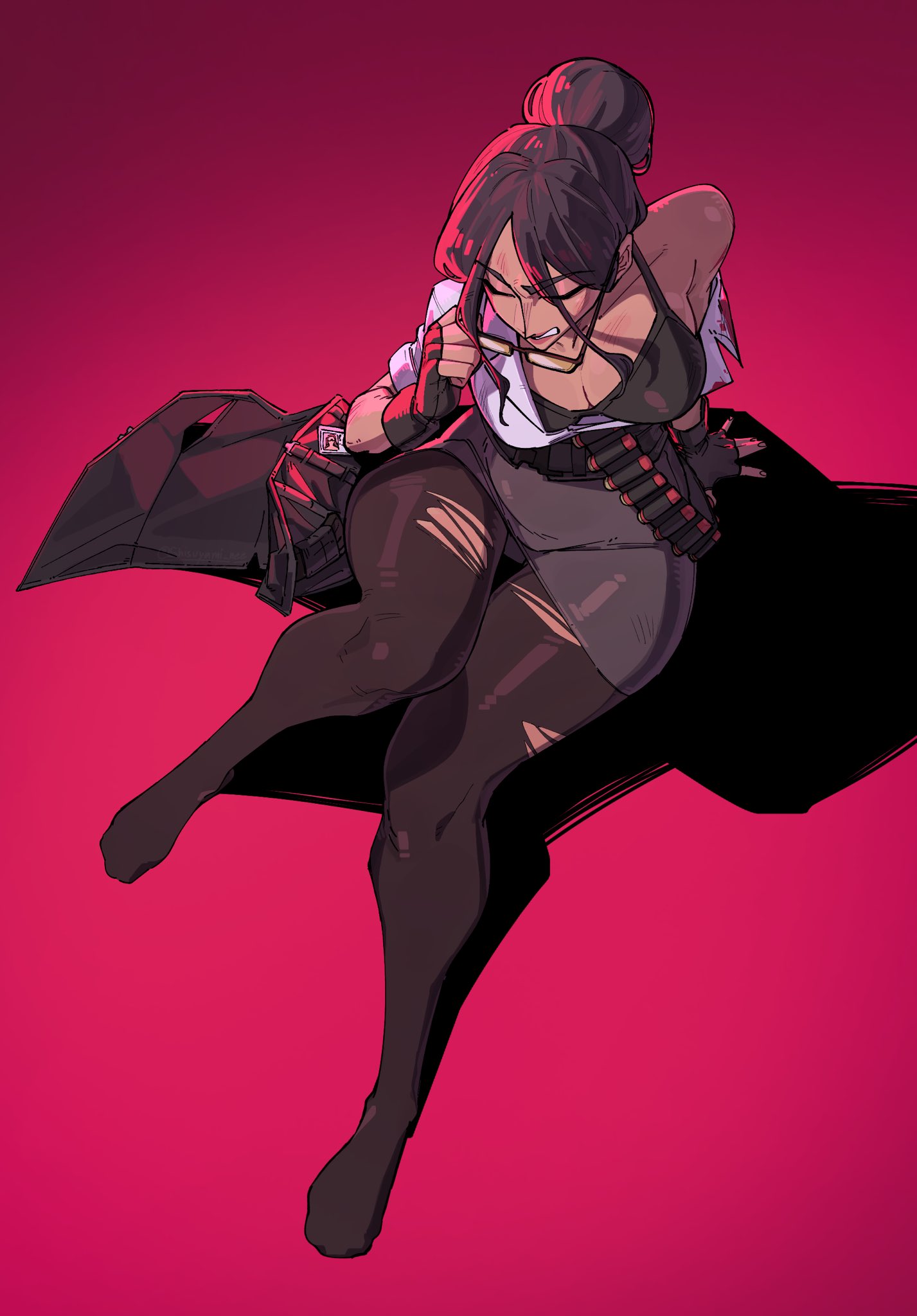 1girl black_bra black_gloves black_hair black_pantyhose blood blood_on_clothes bra breasts cleavage clenched_teeth closed_eyes commission english_commentary fingerless_gloves glasses gloves hair_bun highres holding holding_removed_eyewear medium_breasts off_shoulder original pantyhose pencil_skirt red_background shadow shirt shisuyami_nee single_hair_bun sitting skirt solo teeth torn_clothes torn_pantyhose underwear unworn_eyewear v-shaped_eyebrows white_shirt