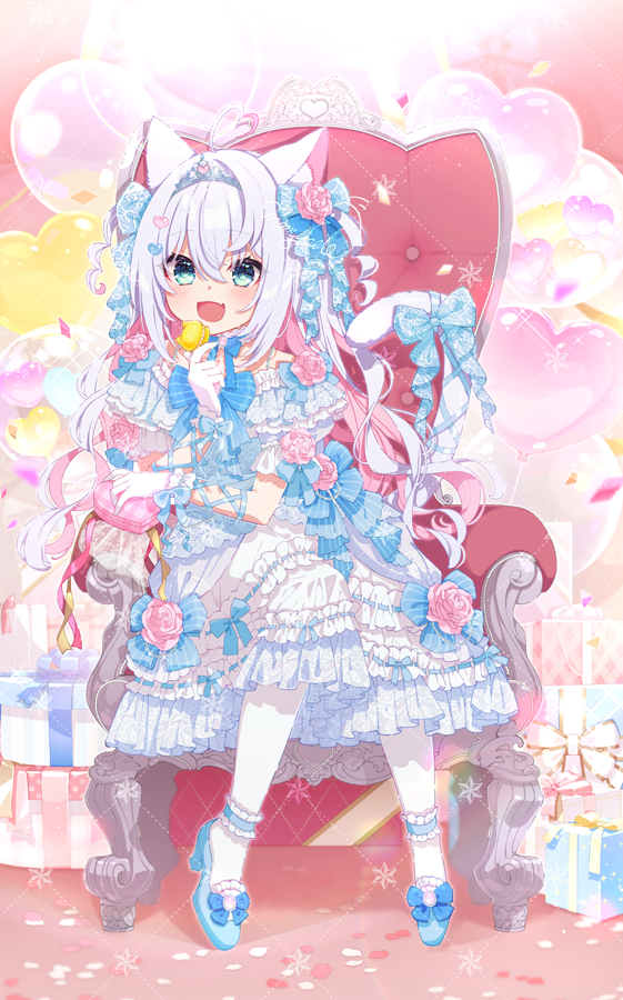 1girl :d ahoge animal_ear_fluff animal_ears aqua_eyes balloon blue_bow blue_dress bow cat_ears cat_girl cat_tail chair dress fang flower frilled_dress frills full_body gloves hair_bow hair_flower hair_ornament hair_ribbon heart heart_ahoge heart_balloon indie_virtual_youtuber kazari_lua lolita_fashion looking_at_viewer mamyouda pink_flower pink_rose ribbon rose sitting skin_fang smile solo tail tail_ornament tail_ribbon tiara twintails virtual_youtuber white_gloves white_hair white_ribbon