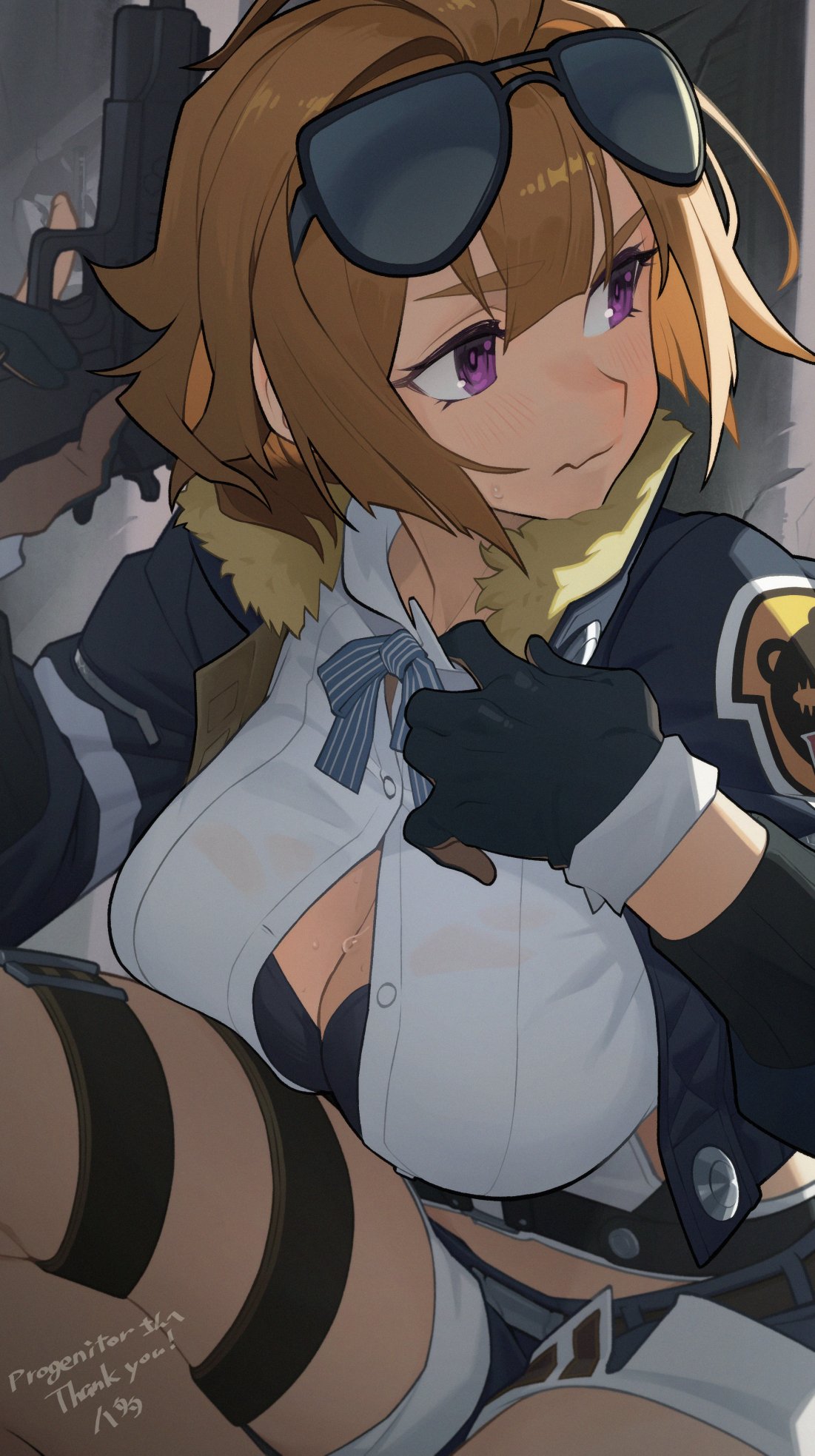 1girl black_bra black_gloves black_jacket blonde_hair blush bra breasts brown_hair colored_inner_hair crop_top eyewear_on_head girls'_frontline gloves grizzly_mkv_(girls'_frontline) gun hair_between_eyes hata4564 highres holding holding_gun holding_weapon jacket large_breasts long_sleeves looking_to_the_side multicolored_clothes multicolored_hair multicolored_jacket open_clothes open_jacket partially_unbuttoned purple_eyes shirt short_hair short_shorts shorts solo thigh_strap two-tone_jacket underwear weapon white_shirt yellow_jacket
