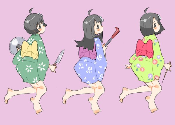 1girl ahoge araragi_tsukihi back_bow barefoot black_eyes blue_kimono bob_cut bow crowbar floral_print_kimono from_behind full_body green_kimono holding holding_crowbar holding_knife holding_lid ice_pick japanese_clothes jibakurei_(elite_unchi) kimono kitchen_knife knife lid long_hair long_sleeves looking_at_viewer looking_back medium_hair monogatari_(series) multiple_views nisemonogatari obi official_alternate_hairstyle pinky_out profile purple_background purple_bow red_bow reverse_grip sash short_hair short_kimono simple_background variations wide_sleeves yellow_bow