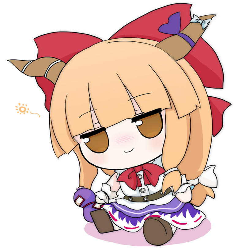 belt blonde_hair blouse blush bow brown_horns chibi fumo_(doll) gourd hair_bow horn_ornament horn_ribbon horns ibuki_suika long_hair nose_blush purple_ribbon purple_skirt red_bow rei_(tonbo0430) ribbon ribbon-trimmed_skirt ribbon_trim shirt shoes sidelocks skirt sleeveless smile touhou white_background white_shirt wrist_cuffs yellow_eyes